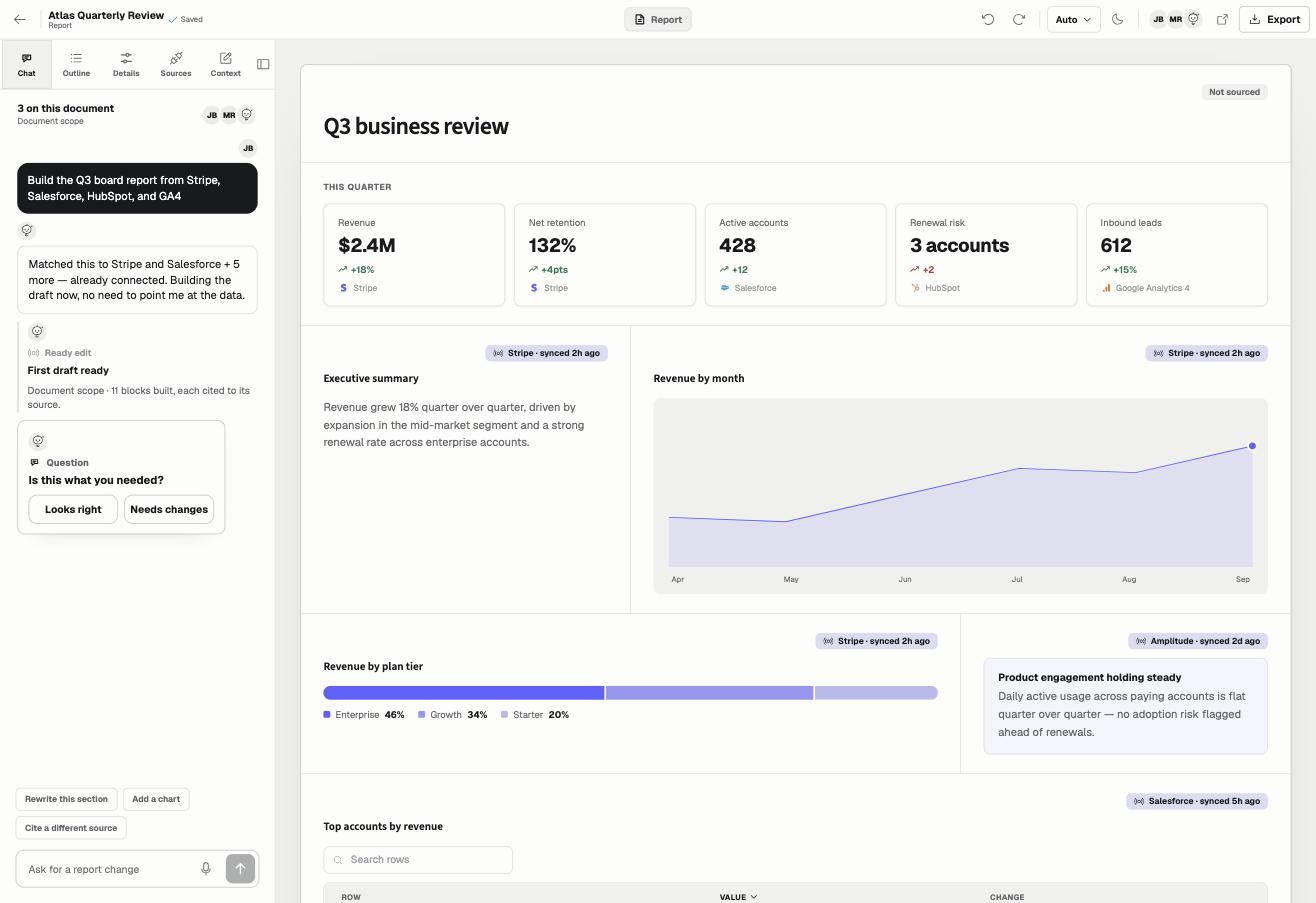 The mGenie editor showing a generated Q3 business review with connected data blocks